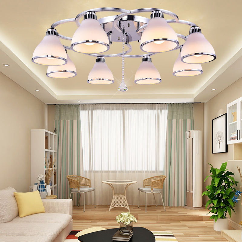 Contemporary Opal Glass Semi Flush Light Crystal 8 - Light Mount In Chrome For Living Room