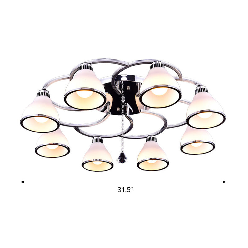 Contemporary Opal Glass Semi Flush Light Crystal 8 - Light Mount In Chrome For Living Room