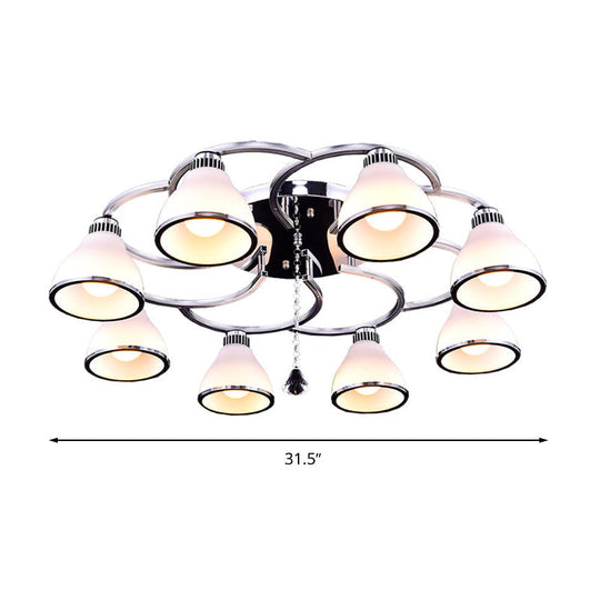 Contemporary Opal Glass Semi Flush Light Crystal 8 - Light Mount In Chrome For Living Room