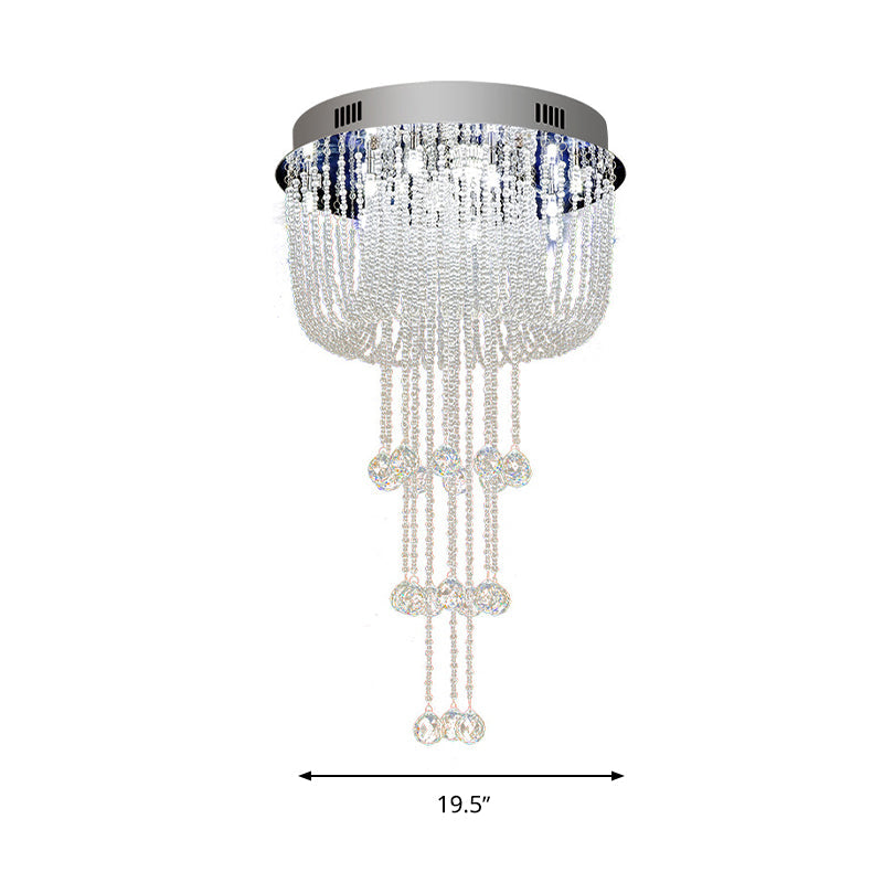 Contemporary Beaded Crystal Led Flush Light Fixture - Nickel Mount Ceiling Lighting For Living Room
