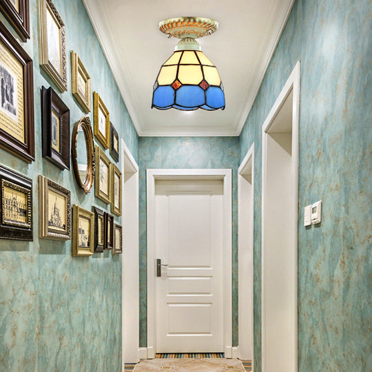 Vintage Stained Glass Dome Ceiling Light Fixture In Orange/Blue For Hallway Blue