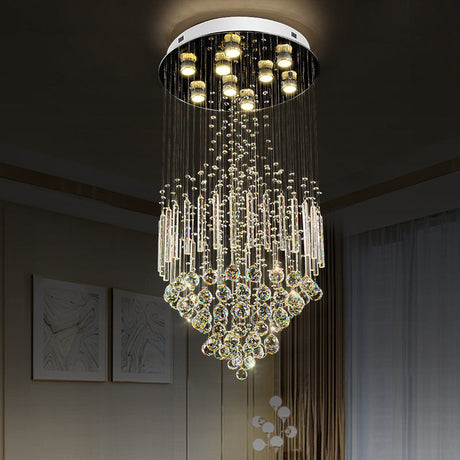 Clear Crystal Conical Flush Mount With 9 Lights - Minimalist White Light For Living Room