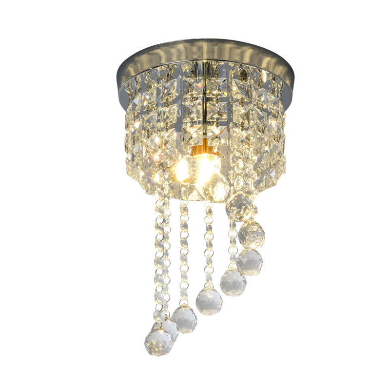 Contemporary Silver Round Crystal Flush Mount Ceiling Light - 1 - Light For Living Room