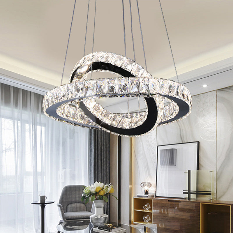 Minimalist Crystal Ring Chandelier Led Light Kit Black Ideal For Bedroom 19-23.5 Inches Wide