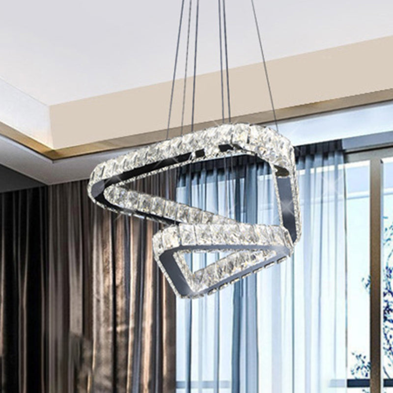 Lustre suspendu triangulaire en cristal moderne avec LED en nickel