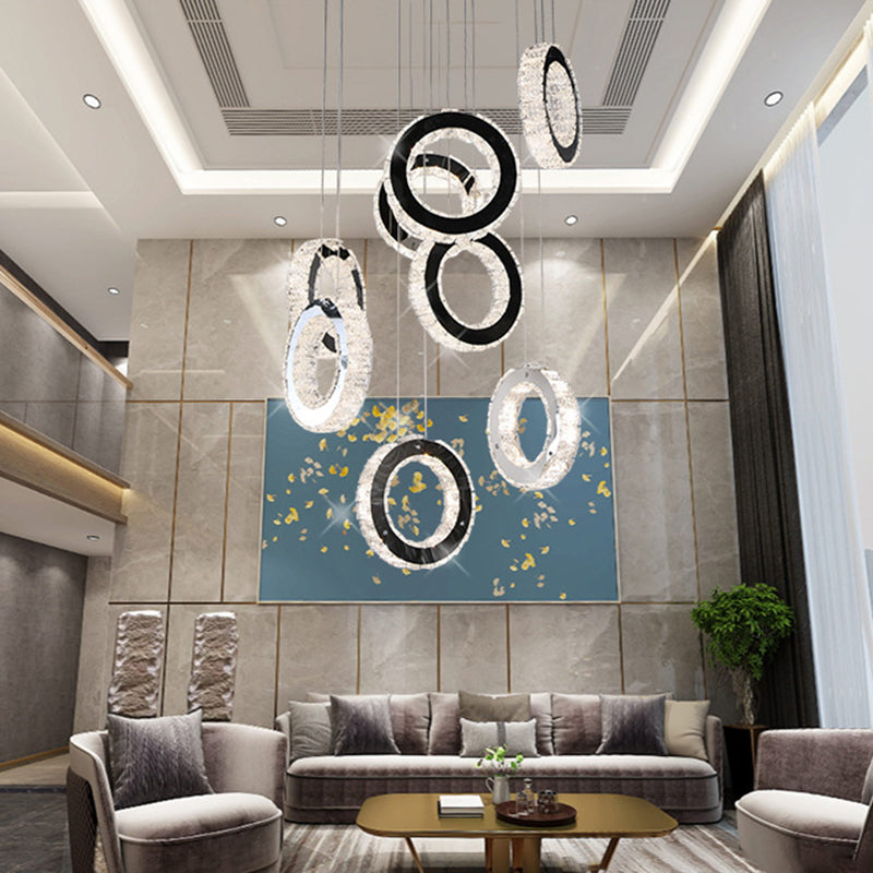 Minimalist Black Led Pendant With Ring Crystal Cluster For Living Room Down Lighting