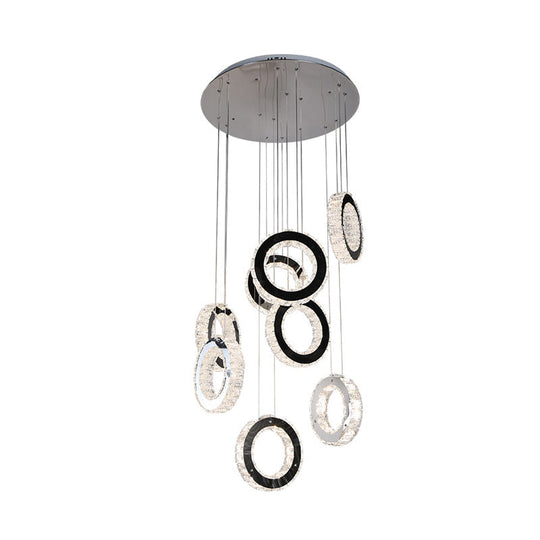 Minimalist Black Led Pendant With Ring Crystal Cluster For Living Room Down Lighting