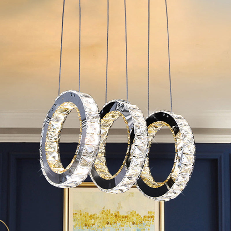 Contemporary Black Crystal Led Pendant: Round Living Room Cluster With Down Lighting