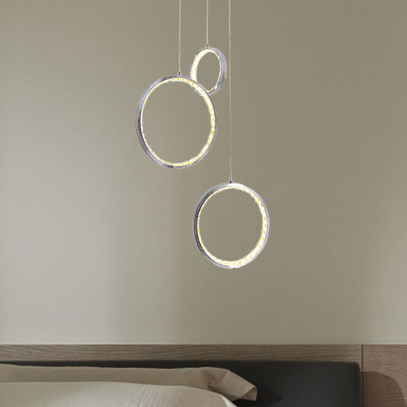 Circle Crystal Pendant Light With Cluster 3 Lights - Minimalist Design Chrome Finish Warm/White