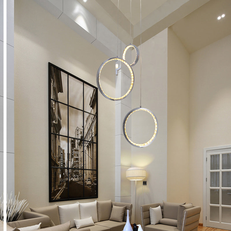 Circle Crystal Pendant Light With Cluster 3 Lights - Minimalist Design Chrome Finish Warm/White
