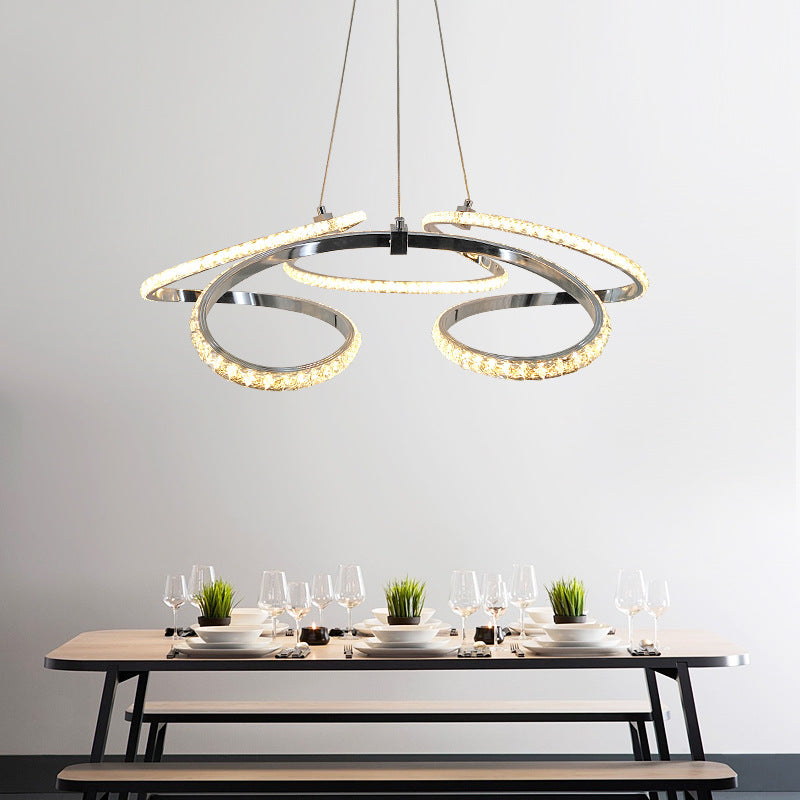 Modern Chrome Twist Chandelier - Crystal Led Pendant Light Warm/White Glow Elegant Dining Room