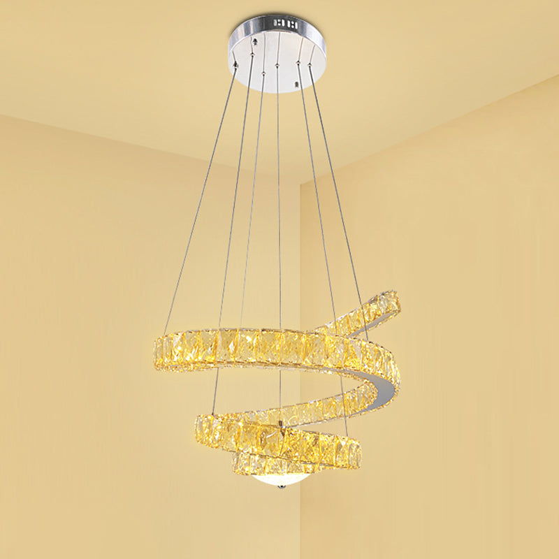 Minimalist Led Crystal Chandelier - Chrome Spiral Hanging Lamp In Warm/2 Color Light