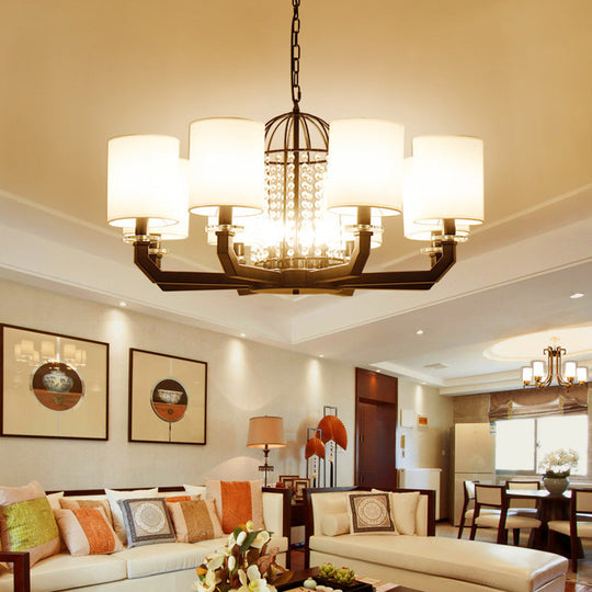 Modern Drum Crystal Chandelier - 9/12 Lights White Fabric Shade