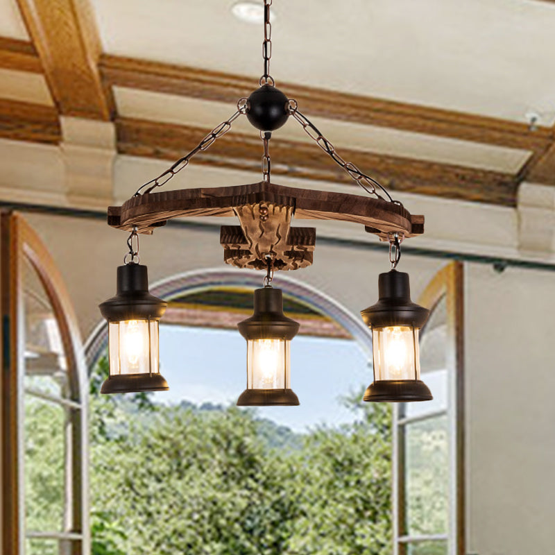 Rustic 3-Light Brown Anchor Chandelier Pendant With Wood And Metal Lantern Shade – Loft Style