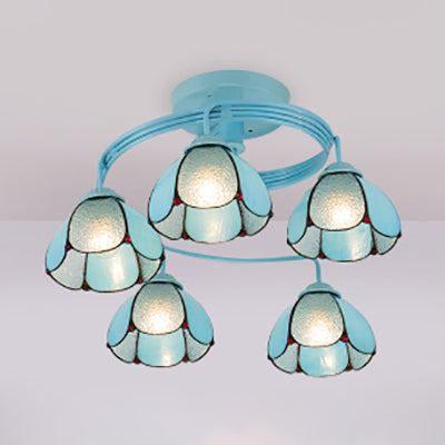 Blue Stained Glass Ceiling Flush Mount - Tiffany Style Semi Light Fixture With 3/5 Floral Lights 5 /