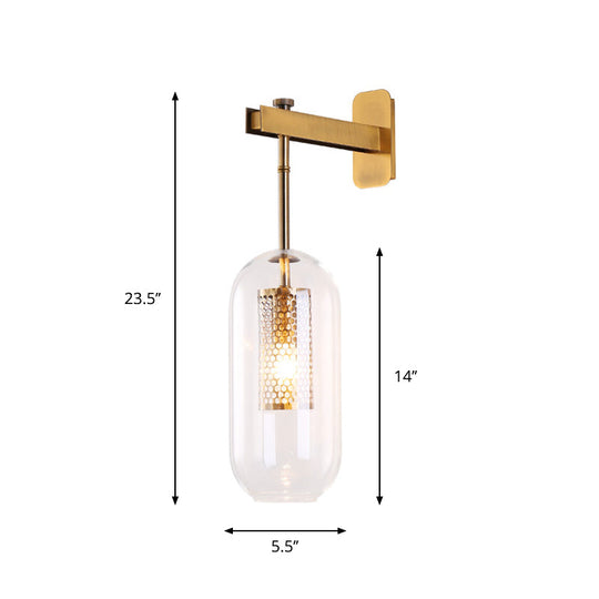 Modern 1-Light Clear Glass Tube Sconce - Brass Bedroom Wall Mount Lamp