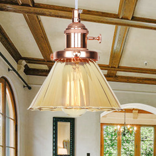Height-Adjustable 1-Light Industrial Conic Pendant Lamp With Amber/Clear Glass For Coffee Shops -