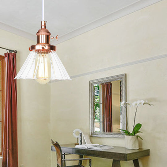 Height-Adjustable 1-Light Industrial Conic Pendant Lamp With Amber/Clear Glass For Coffee Shops -