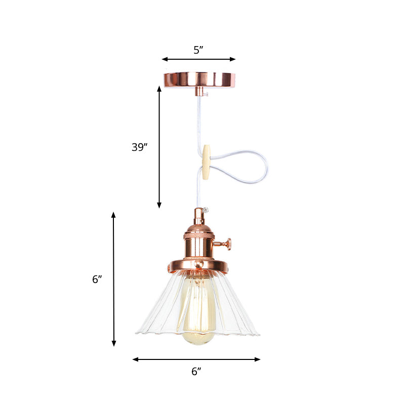 Height-Adjustable 1-Light Industrial Conic Pendant Lamp With Amber/Clear Glass For Coffee Shops -