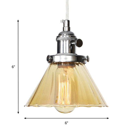 Height-Adjustable 1-Light Industrial Conic Pendant Lamp With Amber/Clear Glass For Coffee Shops -