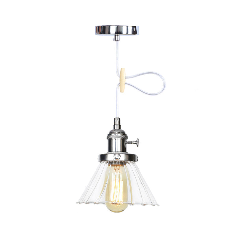 Height-Adjustable 1-Light Industrial Conic Pendant Lamp With Amber/Clear Glass For Coffee Shops -