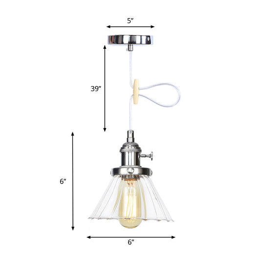 Height-Adjustable 1-Light Industrial Conic Pendant Lamp With Amber/Clear Glass For Coffee Shops -