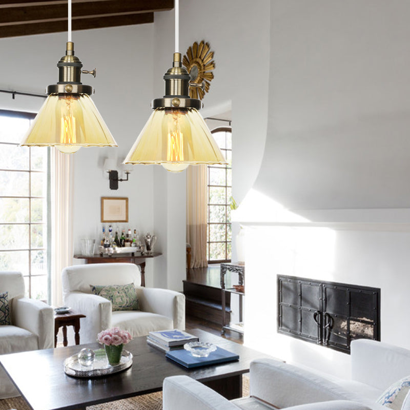 Height-Adjustable 1-Light Industrial Conic Pendant Lamp With Amber/Clear Glass For Coffee Shops -