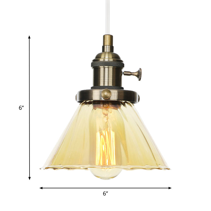 Height-Adjustable 1-Light Industrial Conic Pendant Lamp With Amber/Clear Glass For Coffee Shops -