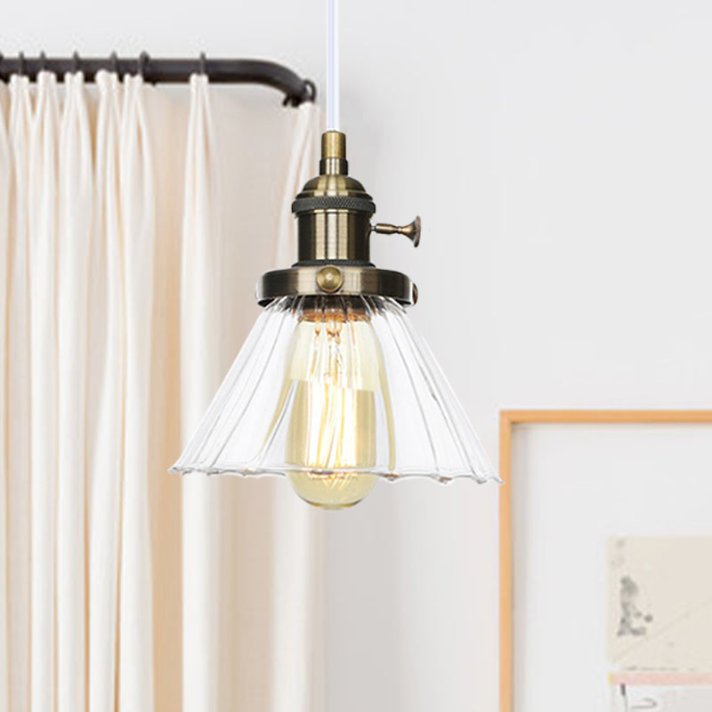 Height-Adjustable 1-Light Industrial Conic Pendant Lamp With Amber/Clear Glass For Coffee Shops -