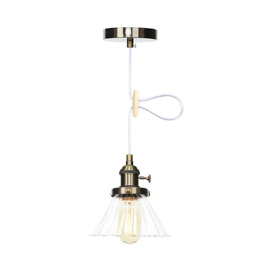 Height-Adjustable 1-Light Industrial Conic Pendant Lamp With Amber/Clear Glass For Coffee Shops -