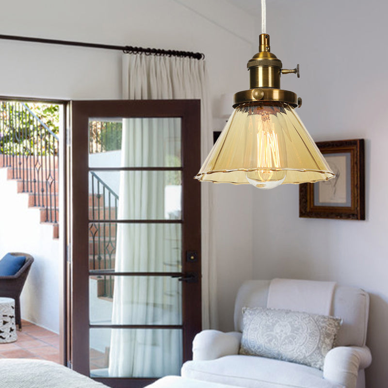 Height-Adjustable 1-Light Industrial Conic Pendant Lamp With Amber/Clear Glass For Coffee Shops -