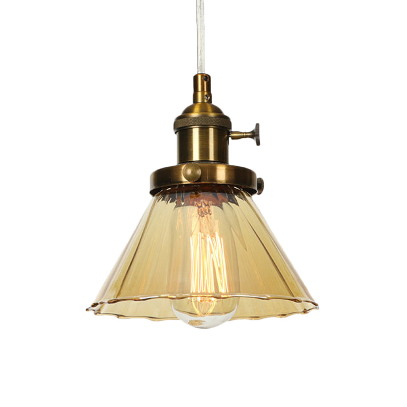 Height-Adjustable 1-Light Industrial Conic Pendant Lamp With Amber/Clear Glass For Coffee Shops -