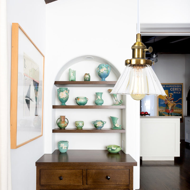 Height-Adjustable 1-Light Industrial Conic Pendant Lamp With Amber/Clear Glass For Coffee Shops -