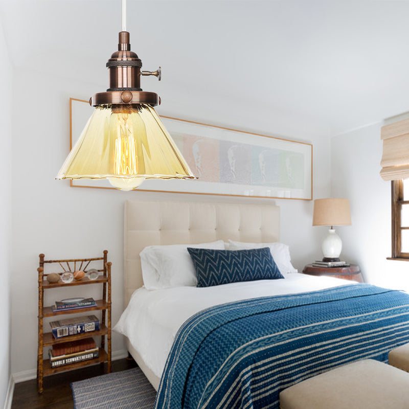 Height-Adjustable 1-Light Industrial Conic Pendant Lamp With Amber/Clear Glass For Coffee Shops -