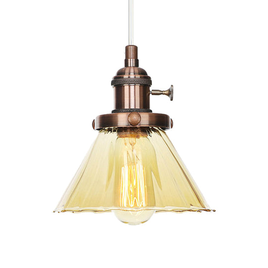 Height-Adjustable 1-Light Industrial Conic Pendant Lamp With Amber/Clear Glass For Coffee Shops -