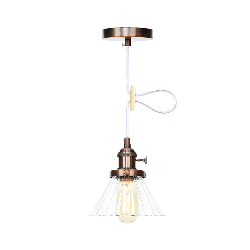 Height-Adjustable 1-Light Industrial Conic Pendant Lamp With Amber/Clear Glass For Coffee Shops -
