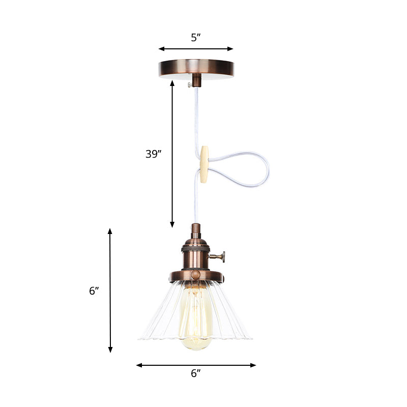 Height-Adjustable 1-Light Industrial Conic Pendant Lamp With Amber/Clear Glass For Coffee Shops -