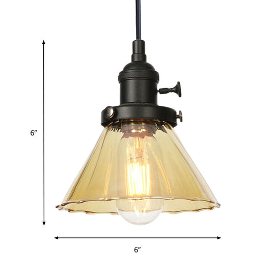 Height-Adjustable 1-Light Industrial Conic Pendant Lamp With Amber/Clear Glass For Coffee Shops -