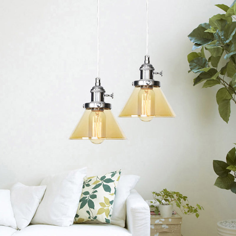 Vintage Style Conical Hanging Pendant Light With Amber/Clear Glass And Metal Head In
