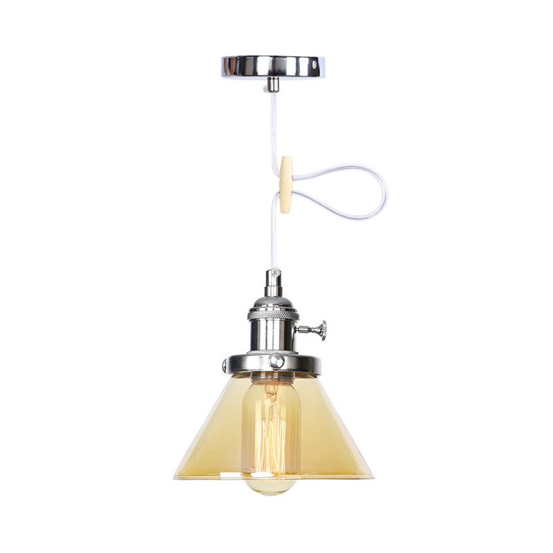 Vintage Style Conical Hanging Pendant Light With Amber/Clear Glass And Metal Head In