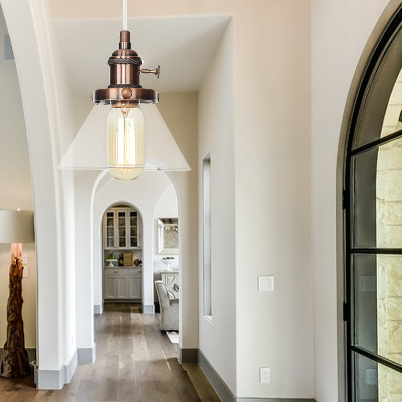 Vintage Style Conical Hanging Pendant Light With Amber/Clear Glass And Metal Head In