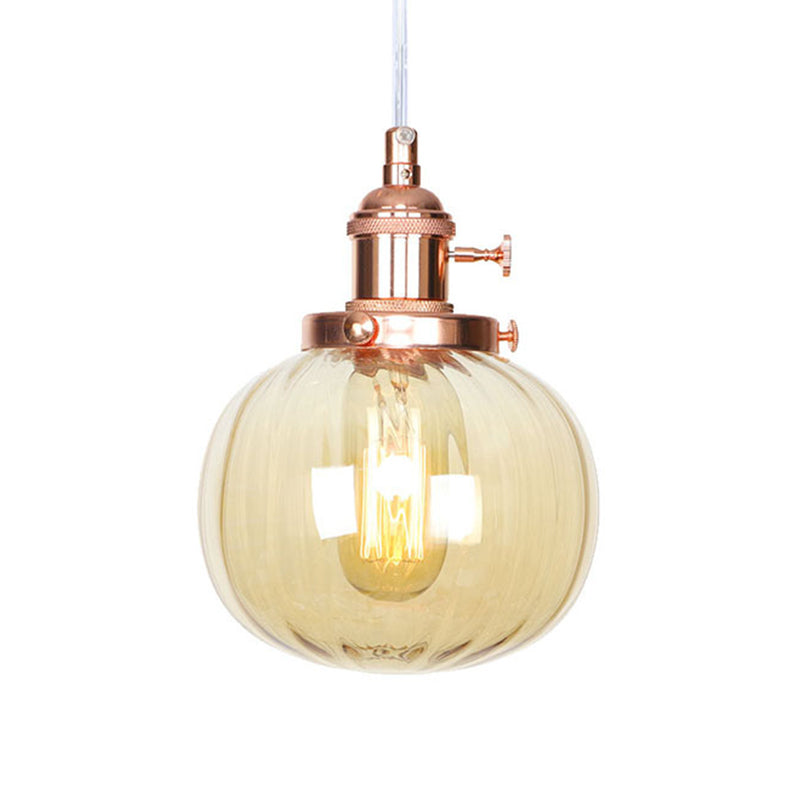 Vintage Style Amber/Clear Ridged Glass Pendant Light Fixture - 1 Adjustable Living Room Ceiling