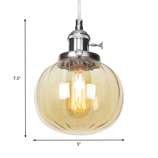 Vintage Style Amber/Clear Ridged Glass Pendant Light Fixture - 1 Adjustable Living Room Ceiling