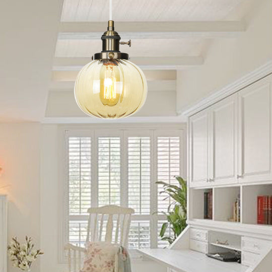 Vintage Style Amber/Clear Ridged Glass Pendant Light Fixture - 1 Adjustable Living Room Ceiling