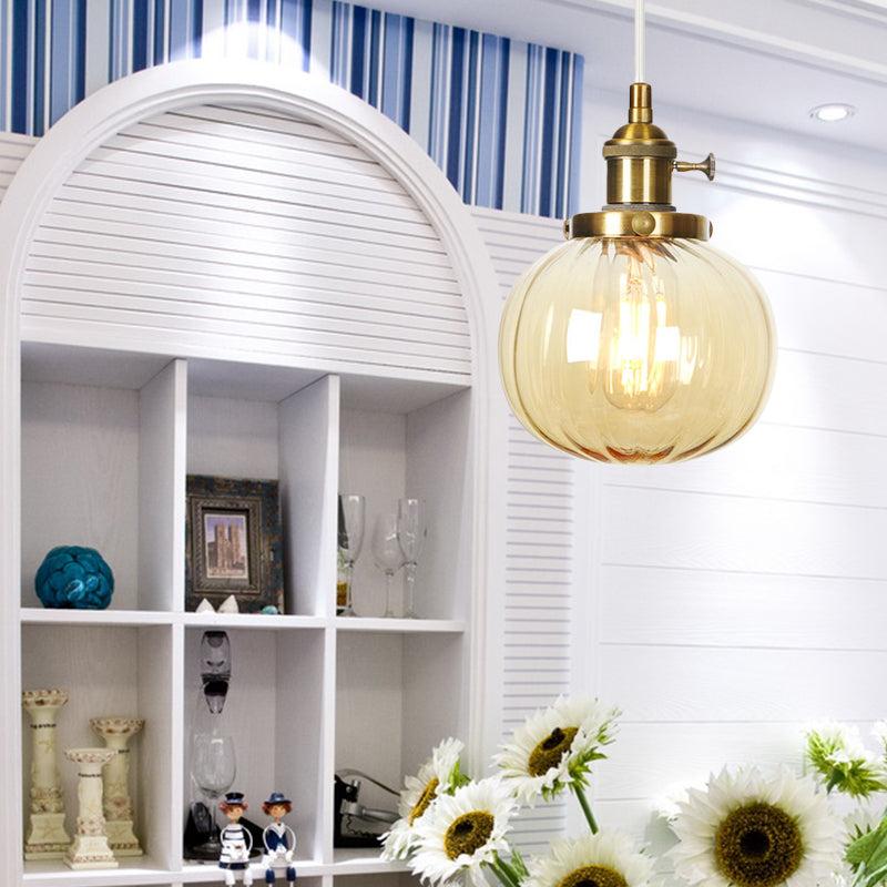 Vintage Style Amber/Clear Ridged Glass Pendant Light Fixture - 1 Adjustable Living Room Ceiling