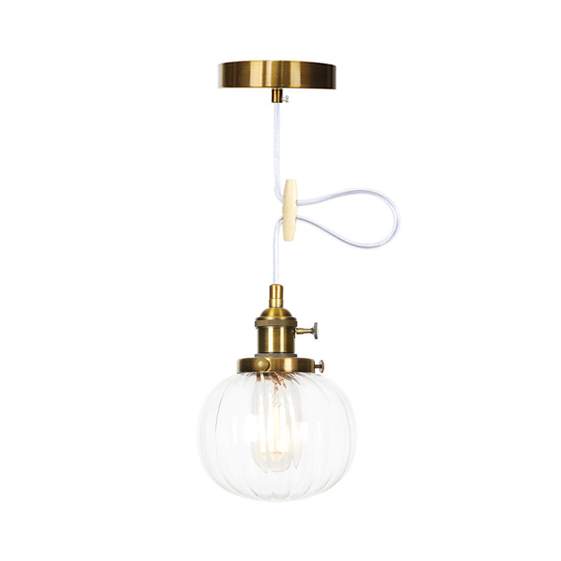 Vintage Style Amber/Clear Ridged Glass Pendant Light Fixture - 1 Adjustable Living Room Ceiling