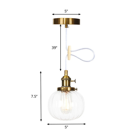 Vintage Style Amber/Clear Ridged Glass Pendant Light Fixture - 1 Adjustable Living Room Ceiling