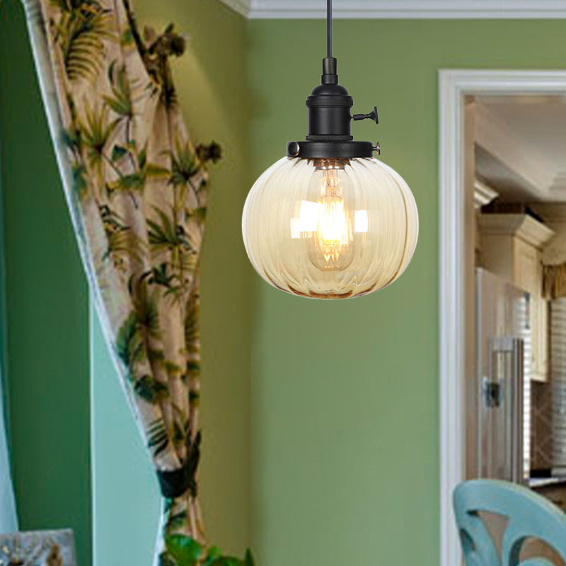 Vintage Style Amber/Clear Ridged Glass Pendant Light Fixture - 1 Adjustable Living Room Ceiling
