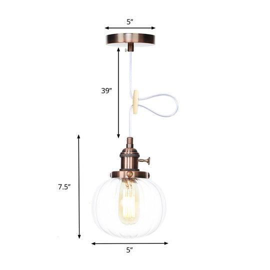 Vintage Style Amber/Clear Ridged Glass Pendant Light Fixture - 1 Adjustable Living Room Ceiling