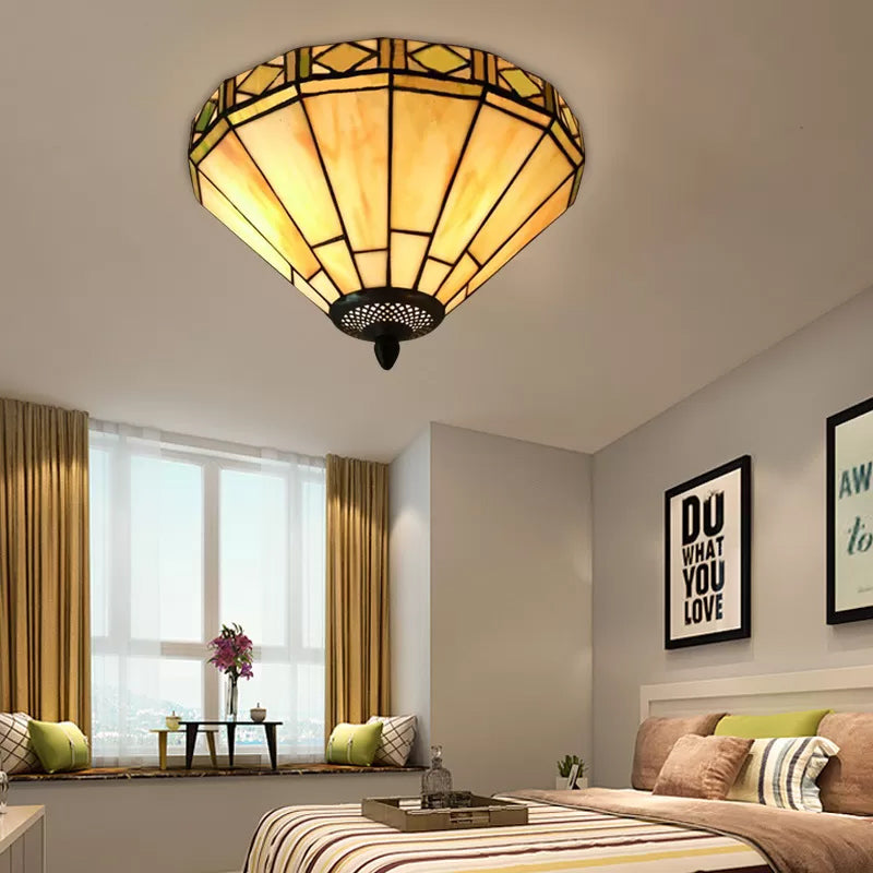 White Stained Glass Ceiling Light 2-Light Medium Flush Mount With Tiffany Style Cone Shade / 12